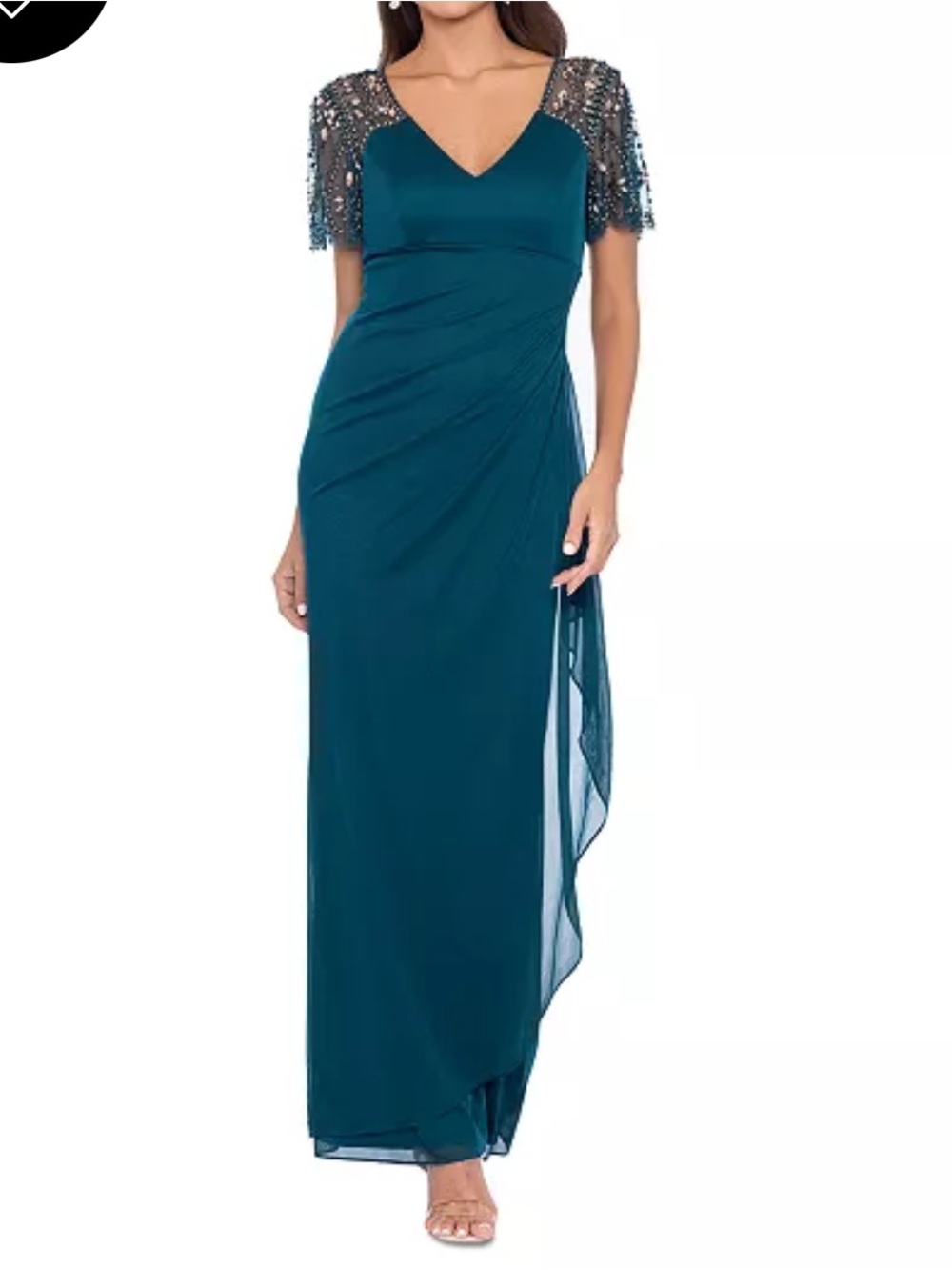Xscape Teal Beaded Cap-Sleeve Maxi Gown